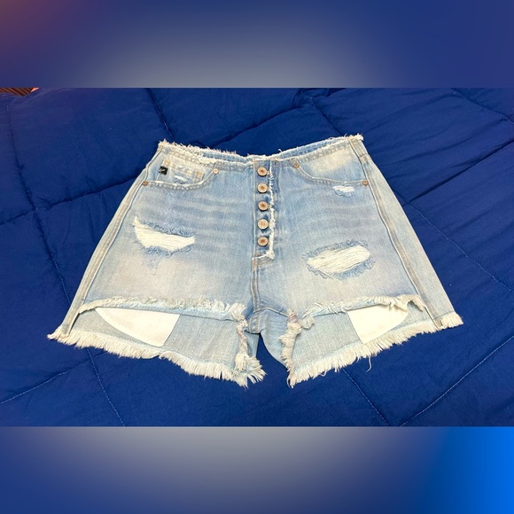 KanCan Distress Light Wash Denim 11" HIGH Rise Button Fly Cute Shortie Shorts S - Picture 3 of 14